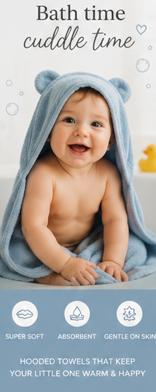 Baby wrapped in a hooded towel with text about bath time and cuddle time.
